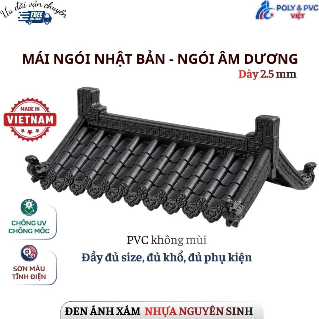 [Màu ĐEN + đủ size] Ngói nhựa âm dương Nhật loại dày, đủ phụ kiện -  PVC nguyên sinh không mùi