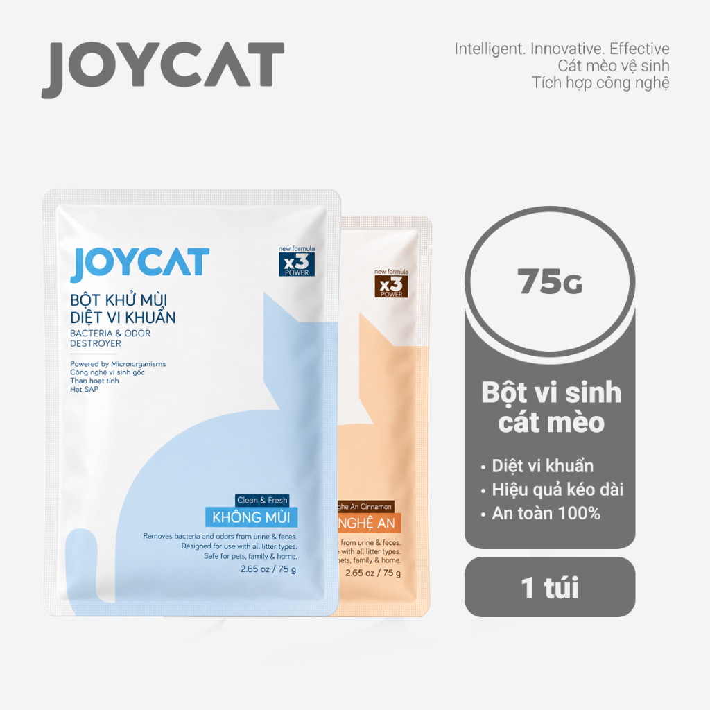 Bột Khử Mùi Cát Mèo JOYCAT 75G Không Mùi - Diệt Vi Khuẩn, Khử Mùi Nước Tiểu & Phân Mèo, Công Nghệ Vi Sinh X3 Power