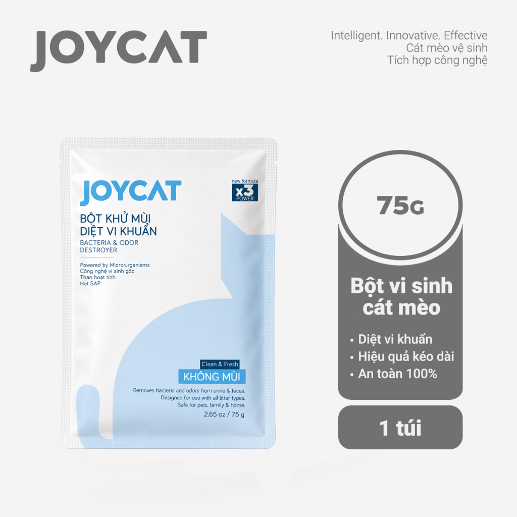 Bột Khử Mùi Cát Mèo JOYCAT 75G Không Mùi - Diệt Vi Khuẩn, Khử Mùi Nước Tiểu & Phân Mèo, Công Nghệ Vi Sinh X3 Power