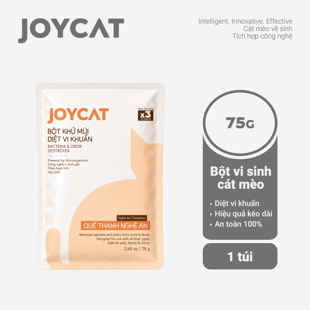 Bột Khử Mùi Cát Mèo JOYCAT 75G Không Mùi - Diệt Vi Khuẩn, Khử Mùi Nước Tiểu & Phân Mèo, Công Nghệ Vi Sinh X3 Power