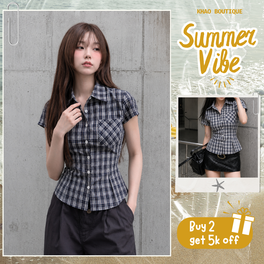 [KH55] Áo sơ mi nữ tay ngắn kẻ caro dáng ôm chiết eo phong cách Y2K Retro cá tính | KHAO BOUTIQUE