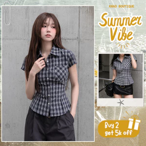 Áo sơ mi nữ tay ngắn kẻ caro dáng ôm chiết eo phong cách Y2K Retro cá tính | KHAO BOUTIQUE