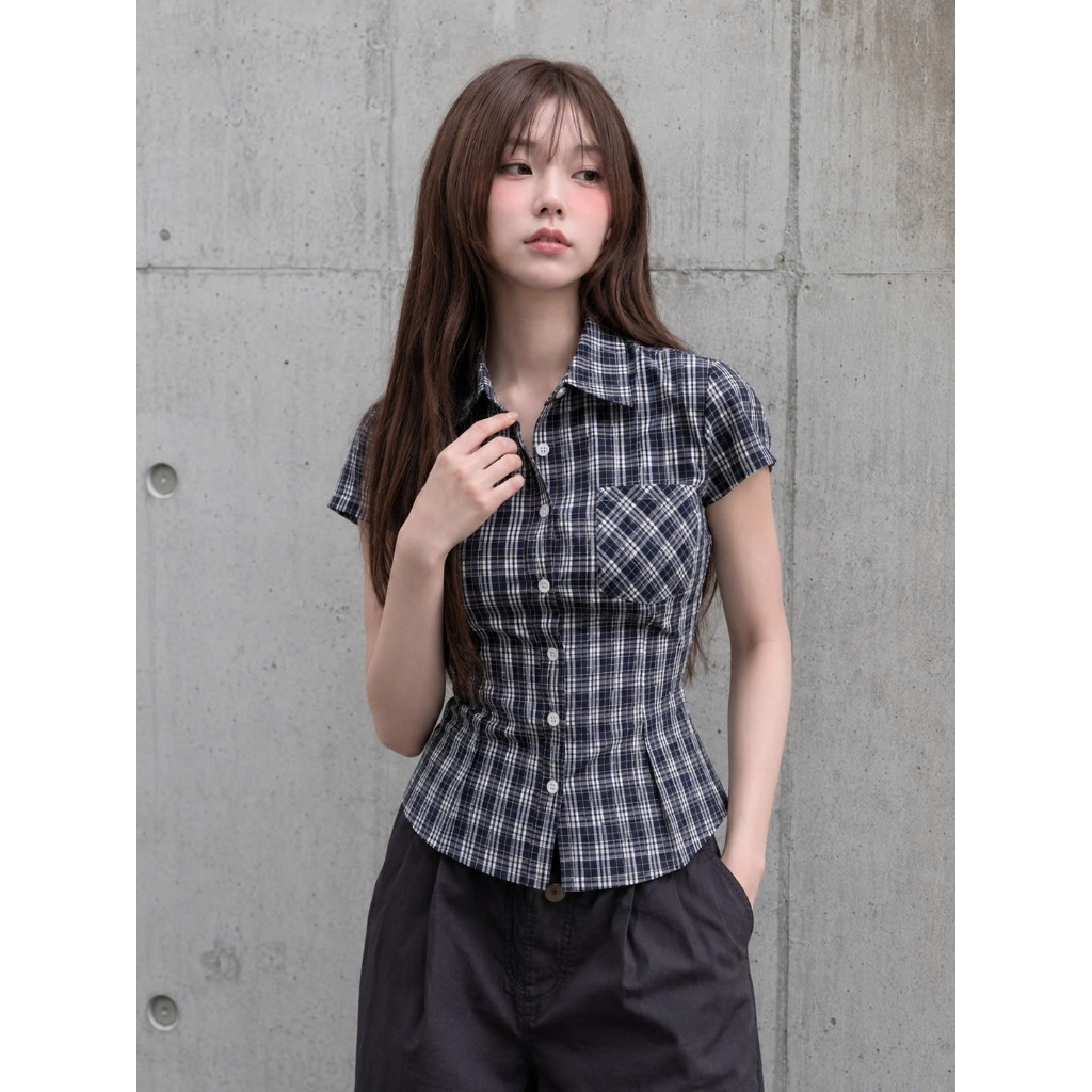 [KH55] Áo sơ mi nữ tay ngắn kẻ caro dáng ôm chiết eo phong cách Y2K Retro cá tính | KHAO BOUTIQUE