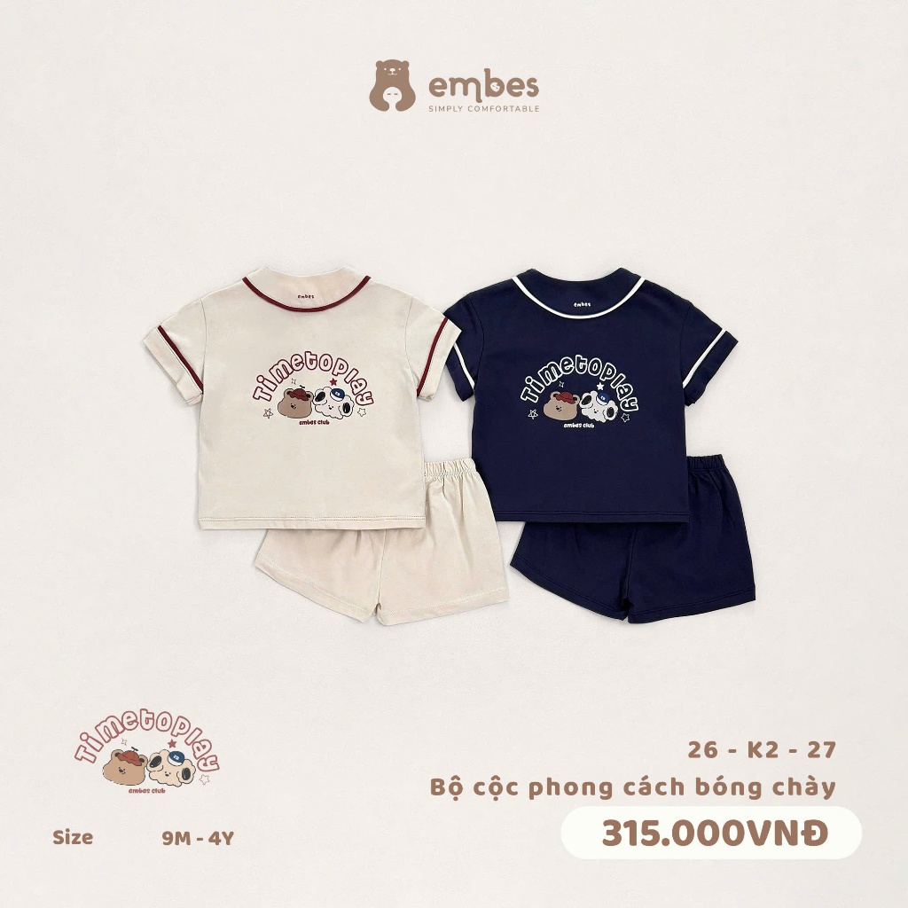 Bộ Cộc Bé Trai Embes, Bộ Cộc Tay Summer Phong Cách Bóng Chày Chất Cotton Cho Bé Trai Size Từ 8-17kg