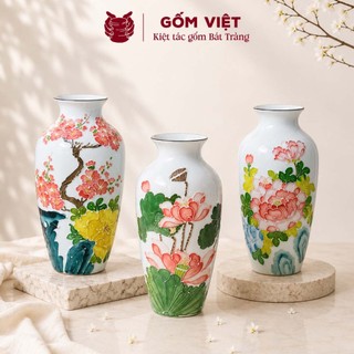 Bình, lọ hoa đắp nổi nhiều hoạ tiết 3D, vành miệng chỉ vàng cao 30cm - Gốm sứ Bát Tràng - Gốm Việt