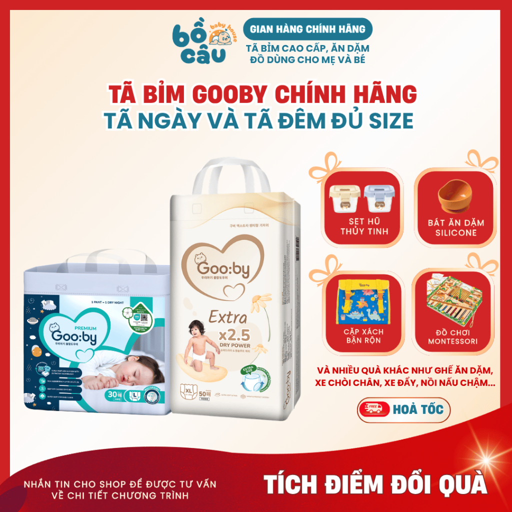 Tã/bỉm dán và quần Gooby chính hãng Extra/Premium đủ size NB/S/M/L/XL/XXL/XXXL chống tràn hiệu quả