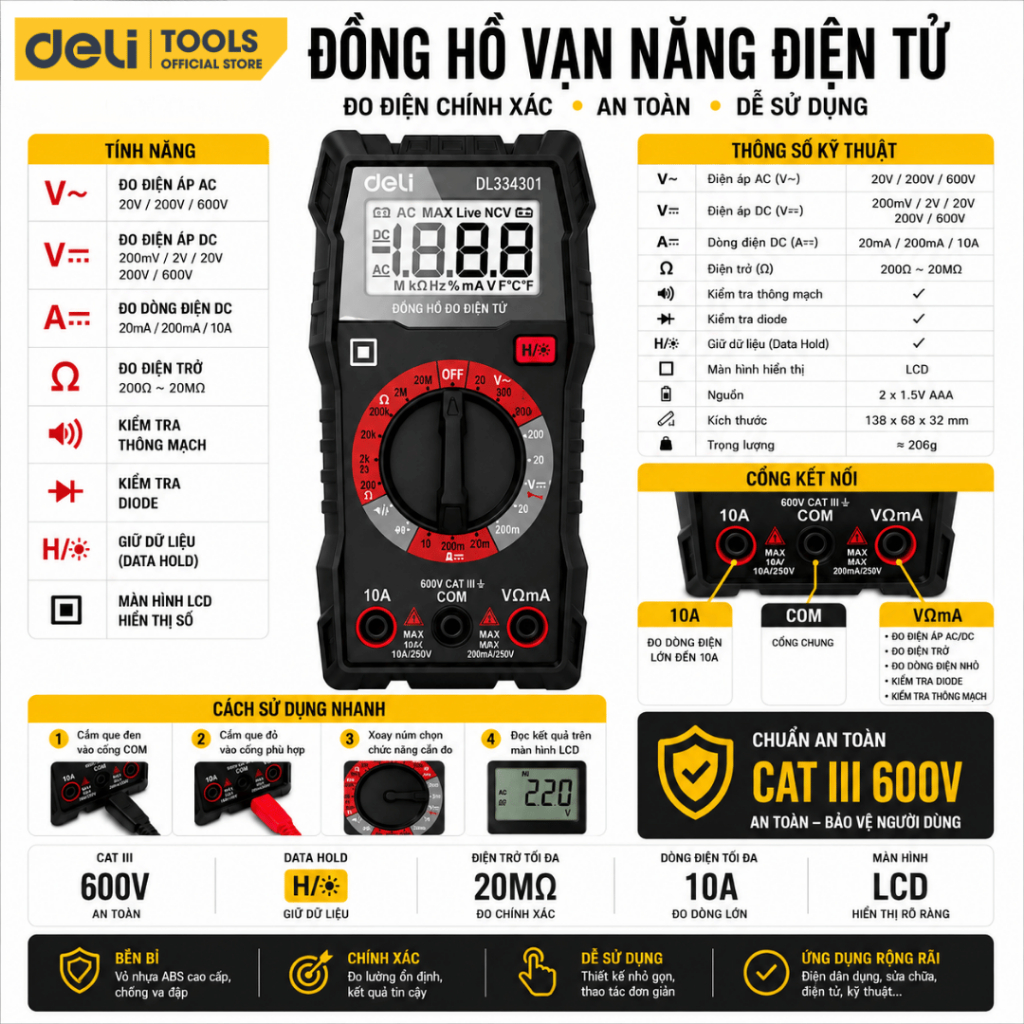 Đồng hồ vạn năng Deli Kẹp Ampe chính hãng Màn hình LED kỹ thuật số - Phạm vi đo 600V - BH 12 tháng