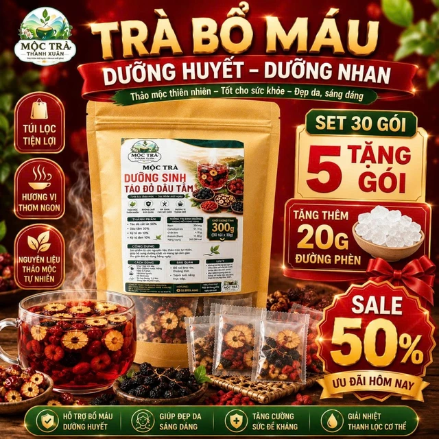 Trà Bổ Máu Dưỡng Huyết sét 30 gói tặng 5 gói tặng đường phèn, táo đỏ kỷ tử hắc kỷ tử dâu tằm trà bổ máu ích huyết