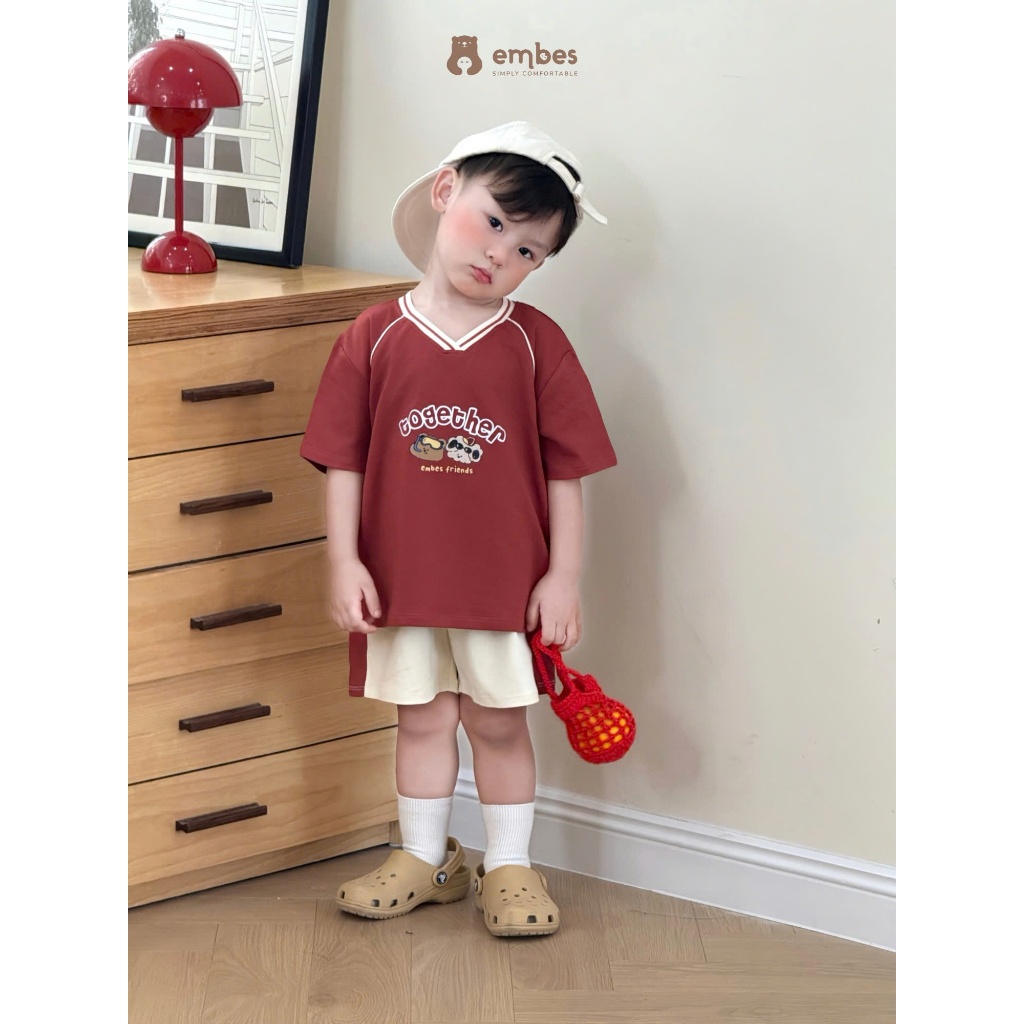 Bộ Cộc Cho Bé Embes, Bộ Cộc Tay 'together' Cổ V In Họa Tiết Chất Cotton Cho Bé Trai Size Từ 8-18Kg