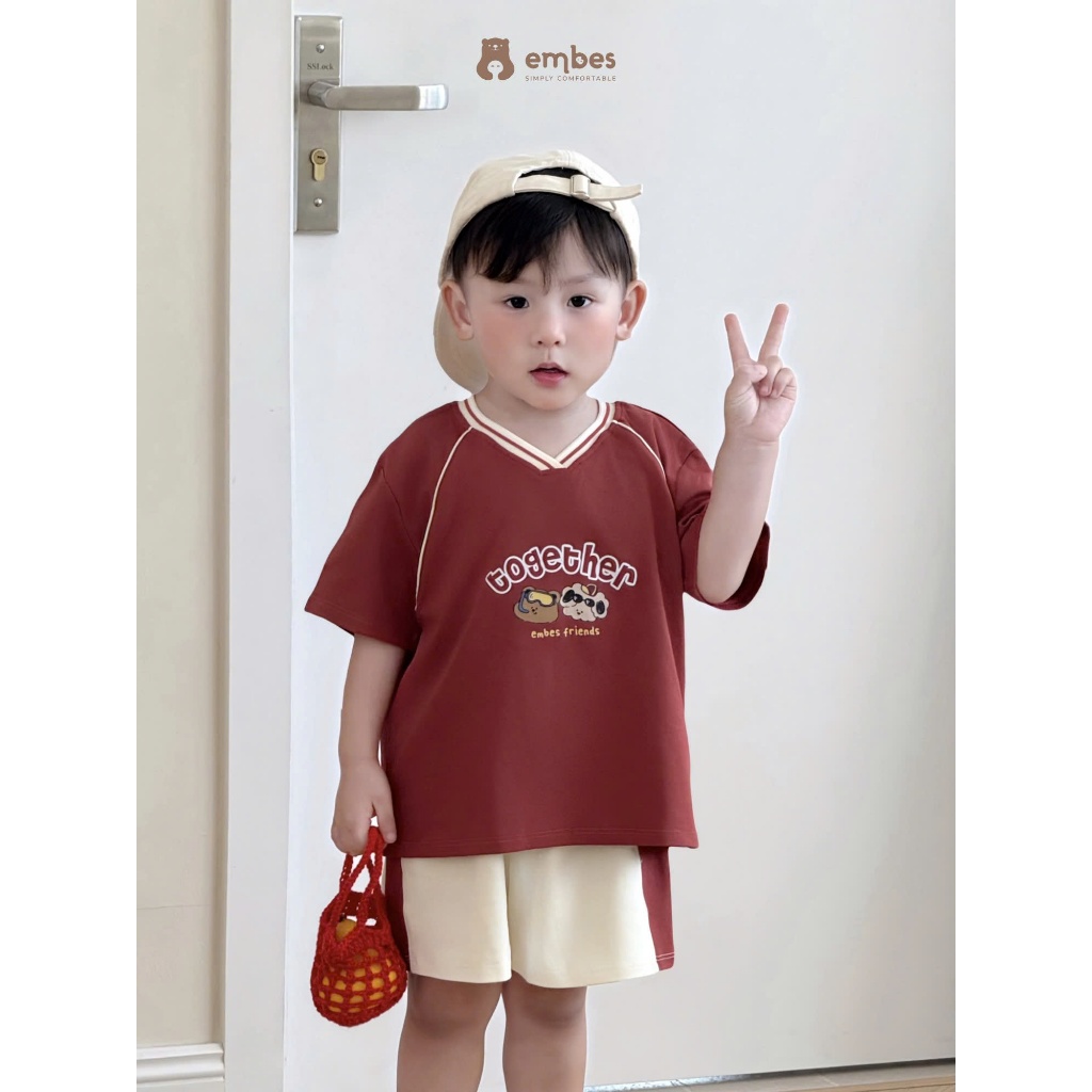 Bộ Cộc Cho Bé Embes, Bộ Cộc Tay 'together' Cổ V In Họa Tiết Chất Cotton Cho Bé Trai Size Từ 8-18Kg