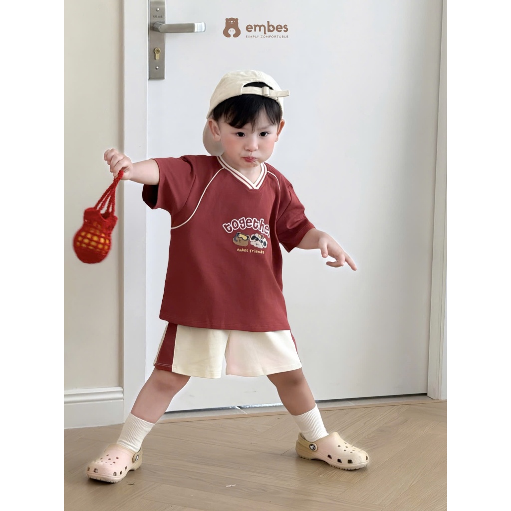 Bộ Cộc Cho Bé Embes, Bộ Cộc Tay 'together' Cổ V In Họa Tiết Chất Cotton Cho Bé Trai Size Từ 8-18Kg