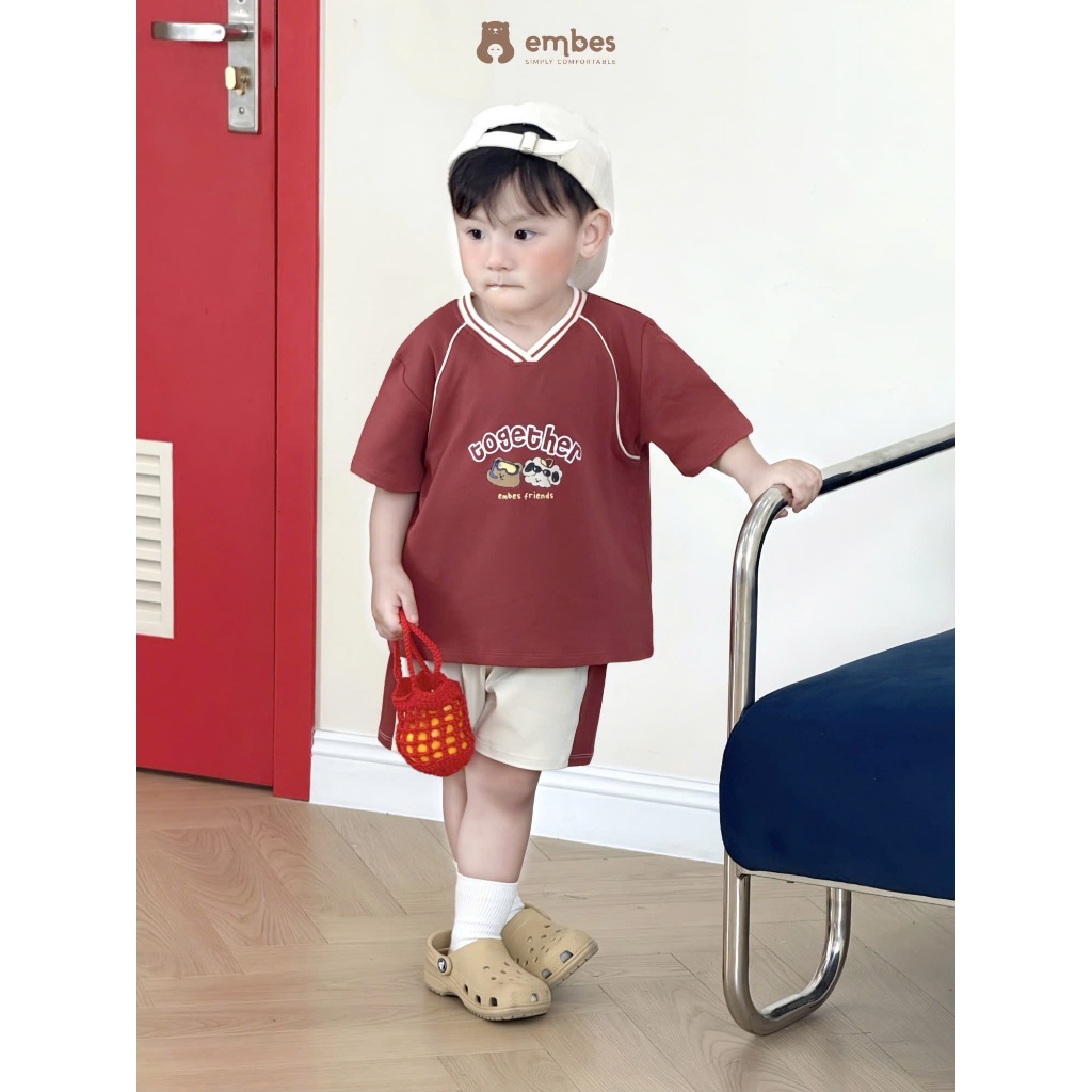 Bộ Cộc Cho Bé Embes, Bộ Cộc Tay 'together' Cổ V In Họa Tiết Chất Cotton Cho Bé Trai Size Từ 8-18Kg