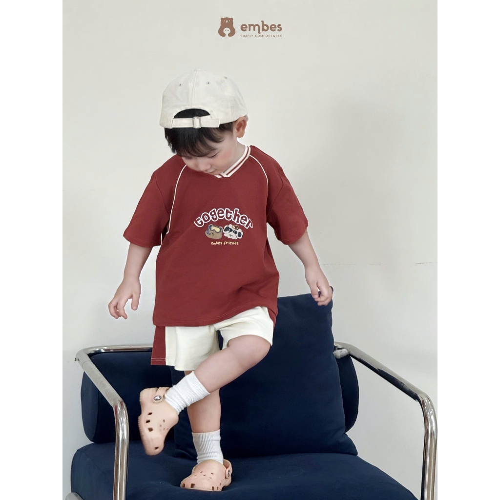 Bộ Cộc Cho Bé Embes, Bộ Cộc Tay 'together' Cổ V In Họa Tiết Chất Cotton Cho Bé Trai Size Từ 8-18Kg