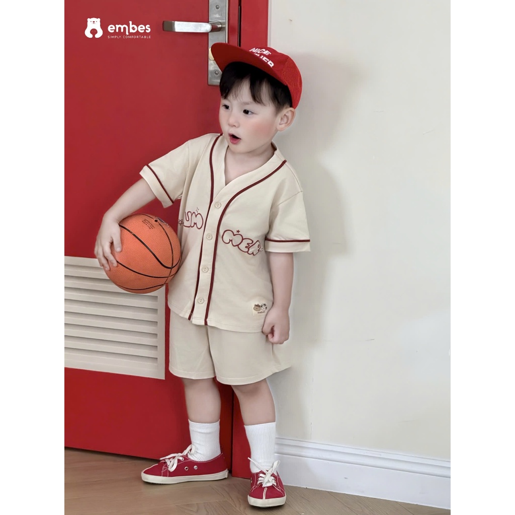 Bộ Cộc Bé Trai Embes, Bộ Cộc Tay Summer Phong Cách Bóng Chày Chất Cotton Cho Bé Trai Size Từ 8-17kg