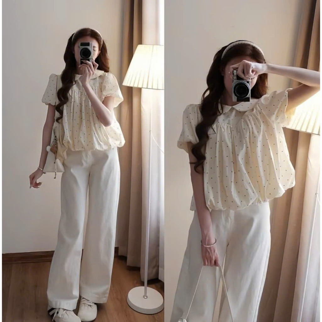 [Hottrend] Áo chấm bi cổ sen dáng bí  LinhTây.Clothing -A10