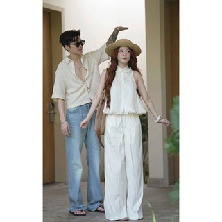 SEP House - Set thô đũi sát nách cổ sen viền bèo cài nút phối quần suông dài xanh đen basic, nổi bật - Hàng loại 1