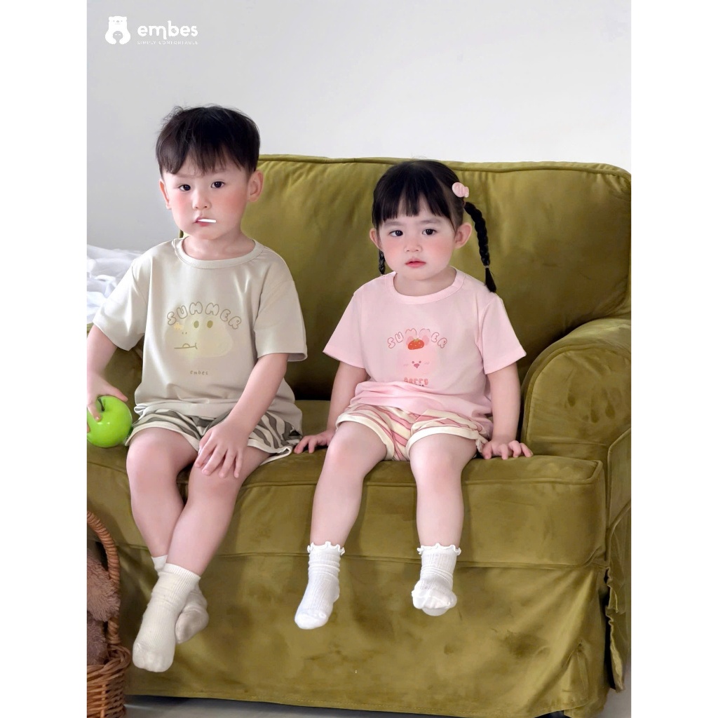 Bộ Cộc Cho Bé Embes, Combo 2 Bộ Cộc Tay In Họa Tiết Chất Cotton Mềm Mại Cho Bé Trai Bé Gái Từ 8-18kg