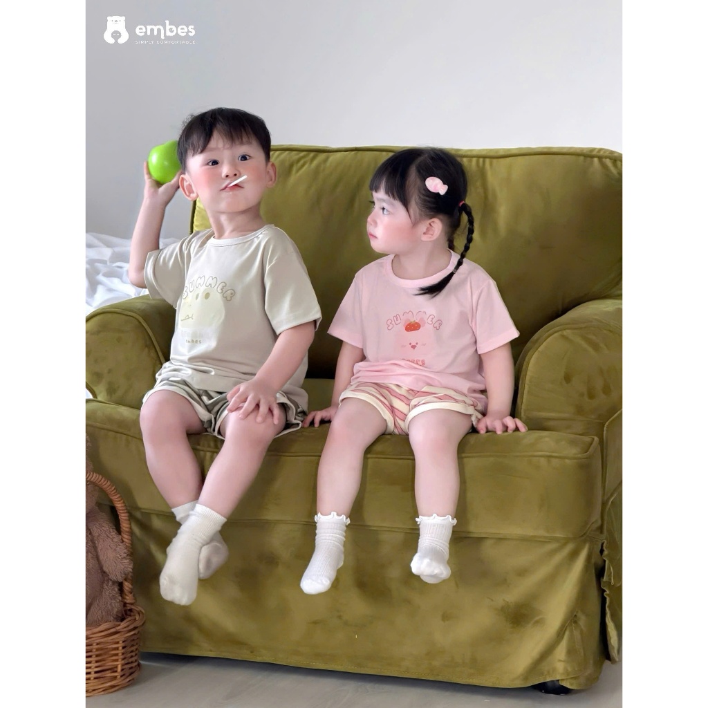 Bộ Cộc Cho Bé Embes, Bộ Cộc Tay In Hình Họa Tiết Chất Cotton Mềm Mại Cho Bé Trai Bé Gái Từ 8-18Kg