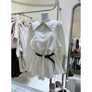 MIMI CLOTHING -áo nữ cổ sơ mi kẻ sọc form rộng tay phồng phối đai thắt eo