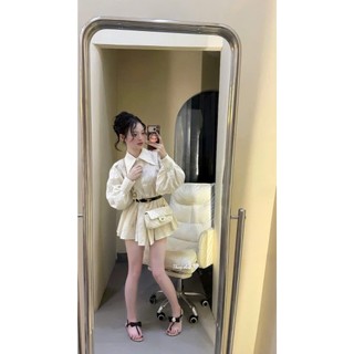 MIMI CLOTHING -áo nữ cổ sơ mi kẻ sọc form rộng tay phồng phối đai thắt eo