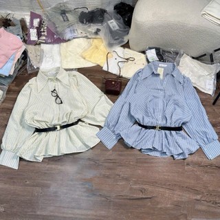 MIMI CLOTHING -áo nữ cổ sơ mi kẻ sọc form rộng tay phồng phối đai thắt eo