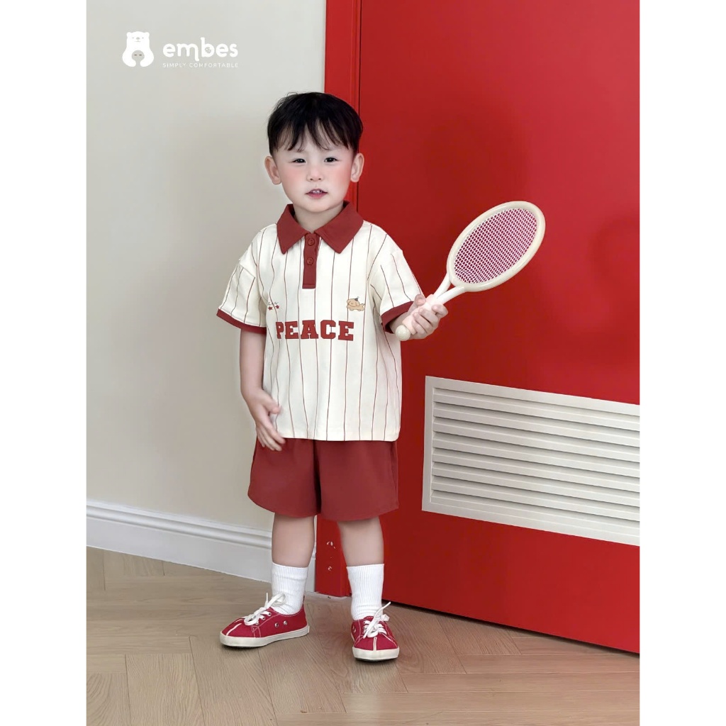 Bộ Cộc Cho Bé Embes, Bộ Polo Cộc Tay Kẻ Phối Màu Dáng Thể Thao Chất Cotton Cho Bé Trai Size 8-17kg