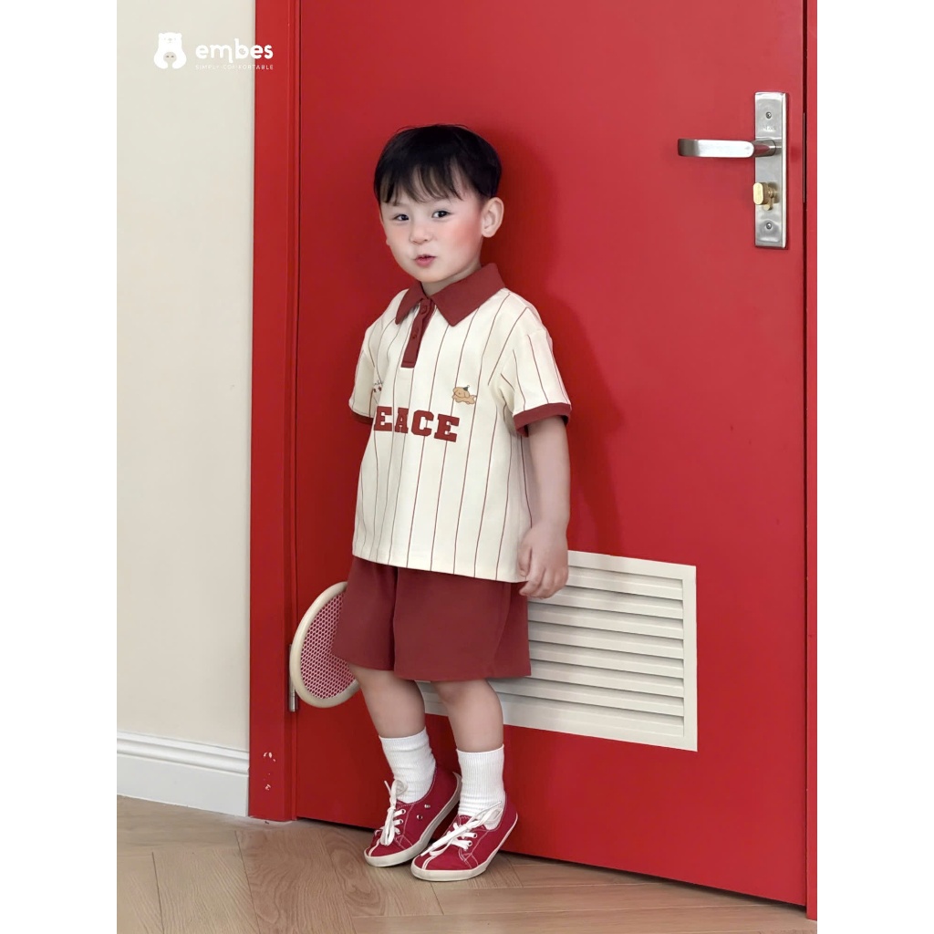 Bộ Cộc Cho Bé Embes, Bộ Polo Cộc Tay Kẻ Phối Màu Dáng Thể Thao Chất Cotton Cho Bé Trai Size 8-17kg