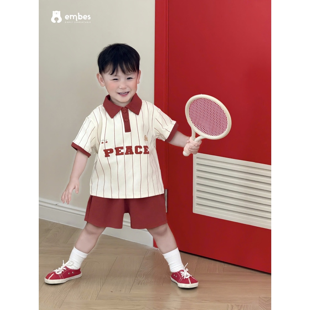 Bộ Cộc Cho Bé Embes, Bộ Polo Cộc Tay Kẻ Phối Màu Dáng Thể Thao Chất Cotton Cho Bé Trai Size 8-17kg