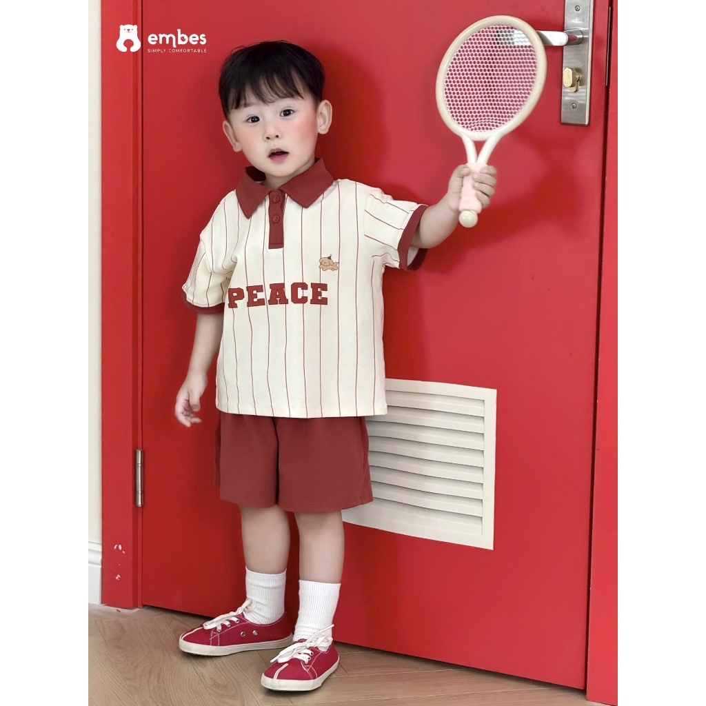 Bộ Cộc Cho Bé Embes, Bộ Polo Cộc Tay Kẻ Phối Màu Dáng Thể Thao Chất Cotton Cho Bé Trai Size 8-17kg
