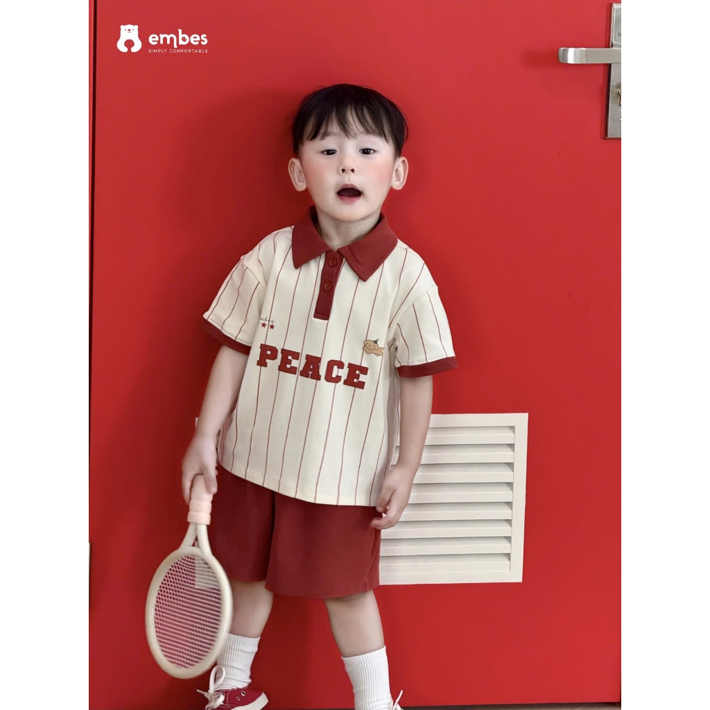 Bộ Cộc Cho Bé Embes, Bộ Polo Cộc Tay Kẻ Phối Màu Dáng Thể Thao Chất Cotton Cho Bé Trai Size 8-17kg