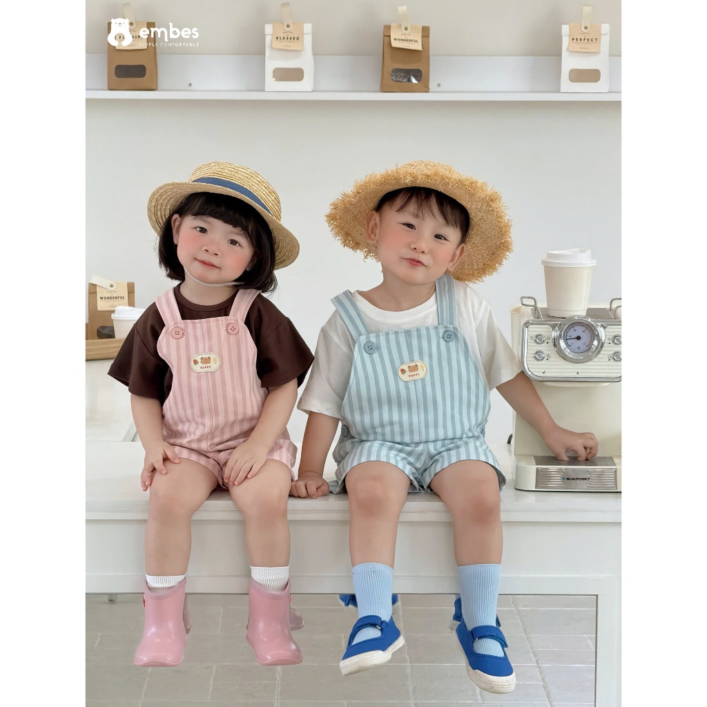 Yếm Cộc Cho Bé Embes, Yếm Kaki Họa Tiết Kẻ Sọc Chất Kaki Đứng Form Cho Bé Trai Bé Gái Size Từ 8-18kg