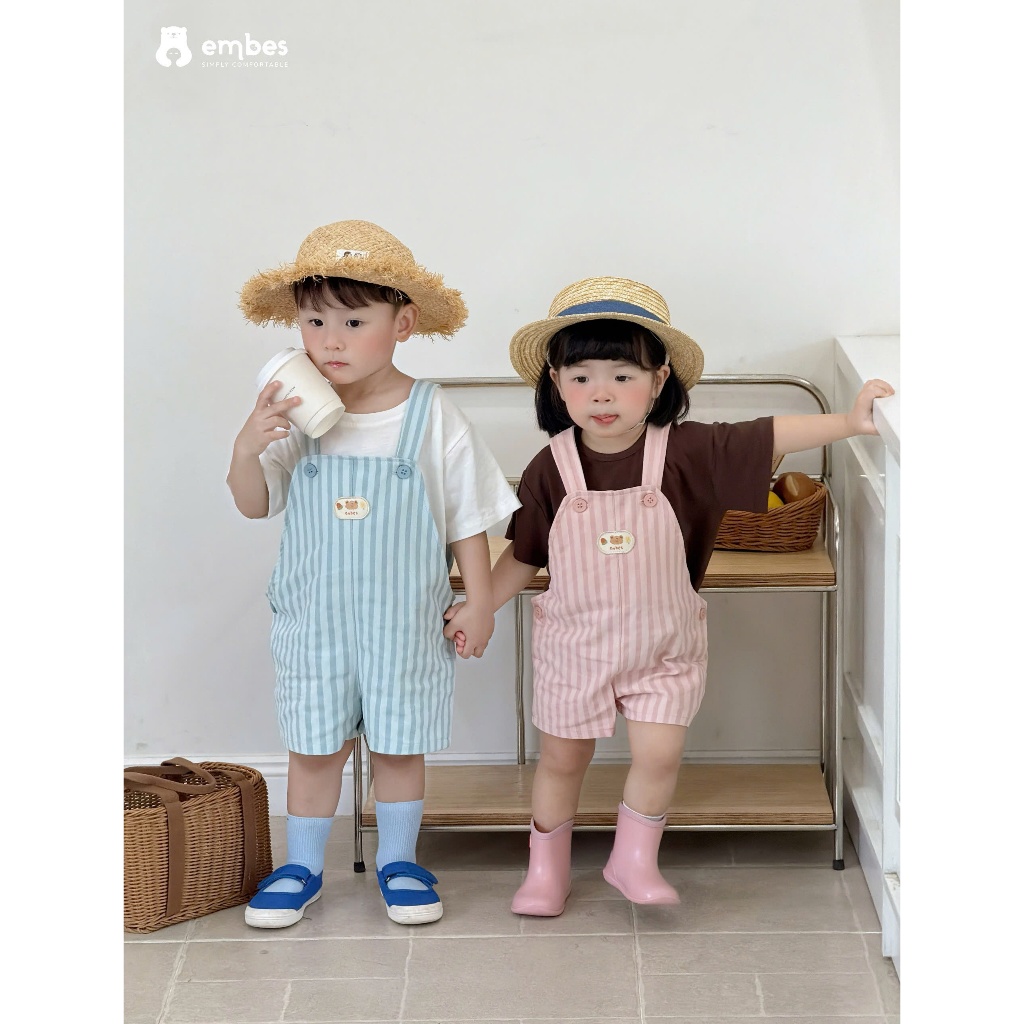 Yếm Cộc Cho Bé Embes, Yếm Kaki Họa Tiết Kẻ Sọc Chất Kaki Đứng Form Cho Bé Trai Bé Gái Size Từ 8-18kg