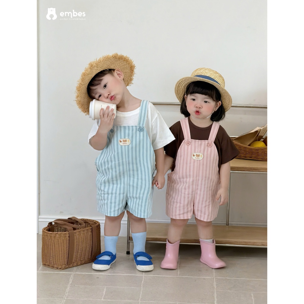 Yếm Cộc Cho Bé Embes, Yếm Kaki Họa Tiết Kẻ Sọc Chất Kaki Đứng Form Cho Bé Trai Bé Gái Size Từ 8-18kg