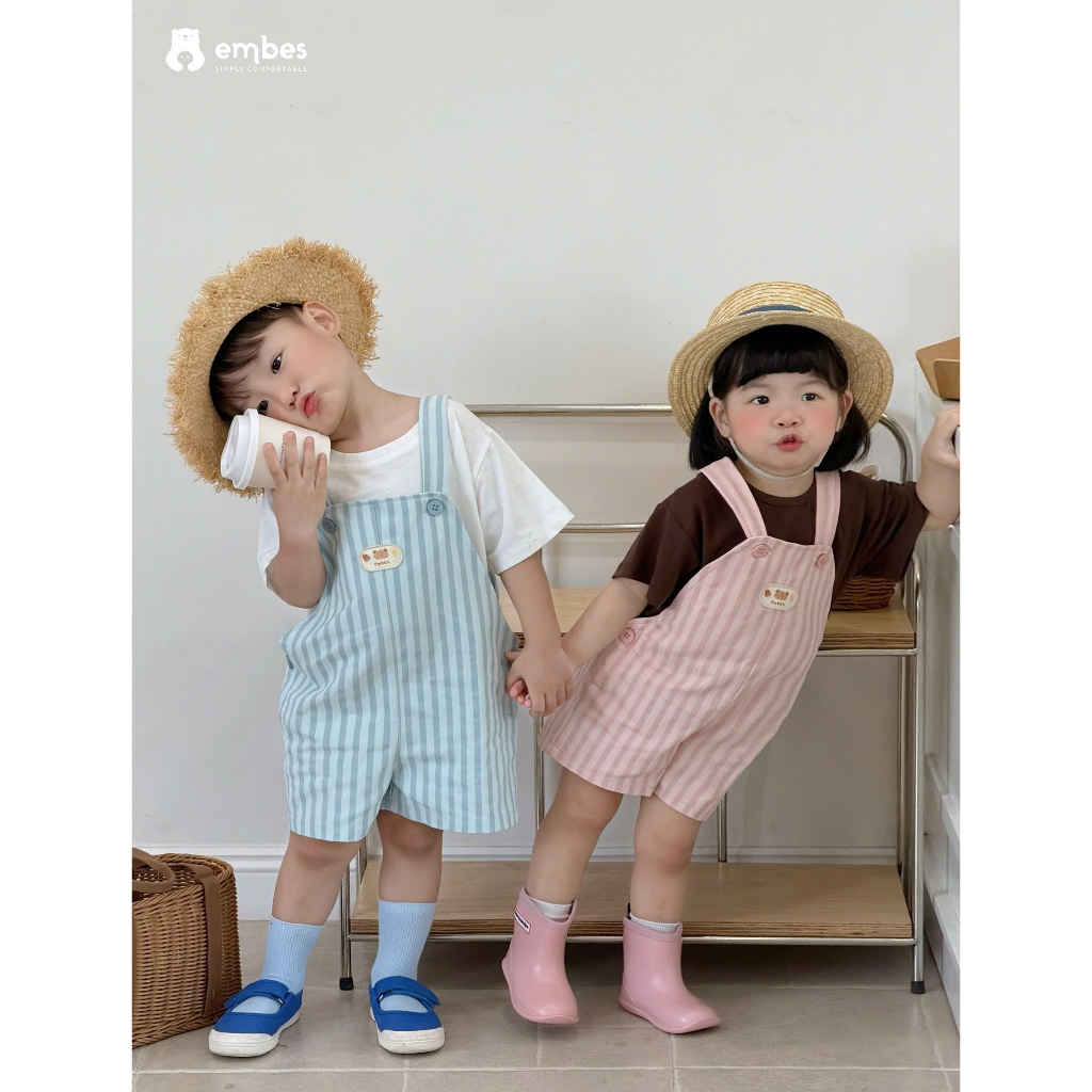 Yếm Cộc Cho Bé Embes, Yếm Kaki Họa Tiết Kẻ Sọc Chất Kaki Đứng Form Cho Bé Trai Bé Gái Size Từ 8-18kg