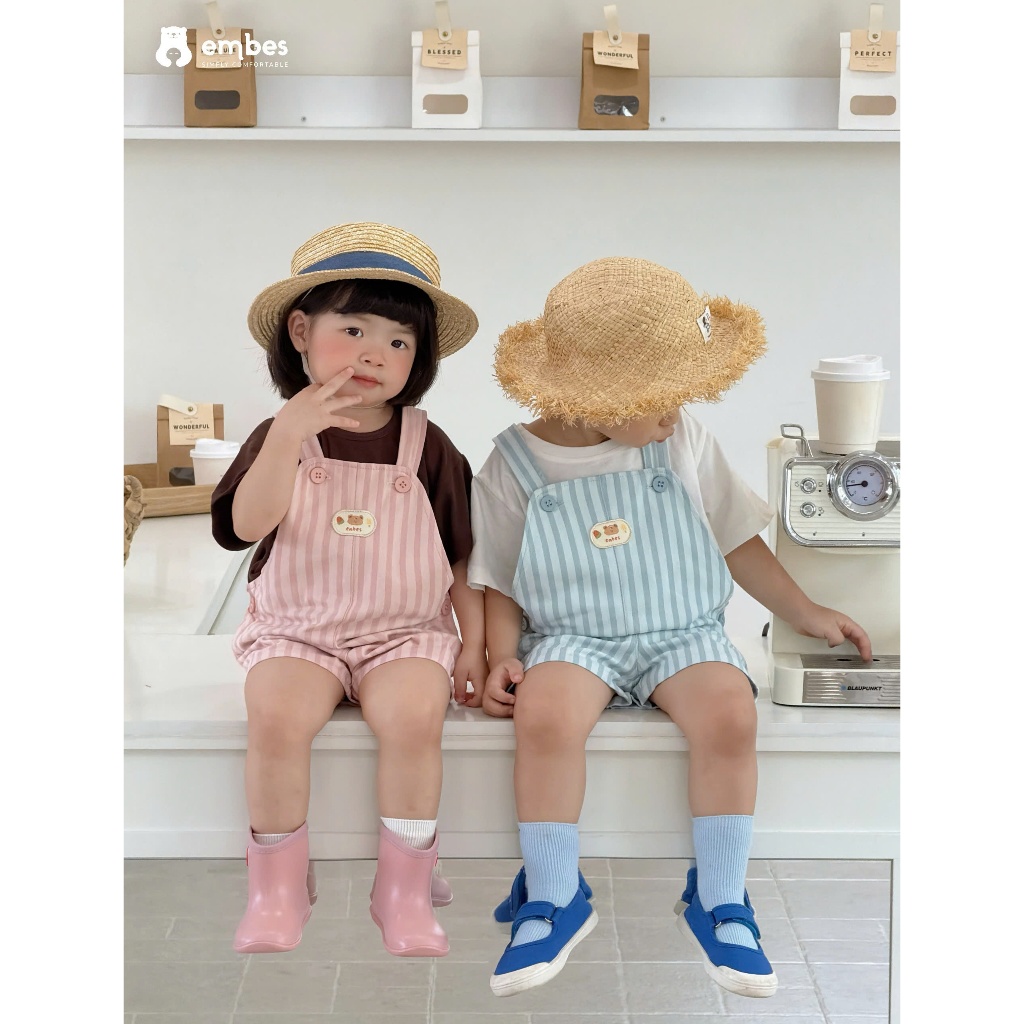 Yếm Cộc Cho Bé Embes, Yếm Kaki Họa Tiết Kẻ Sọc Chất Kaki Đứng Form Cho Bé Trai Bé Gái Size Từ 8-18kg