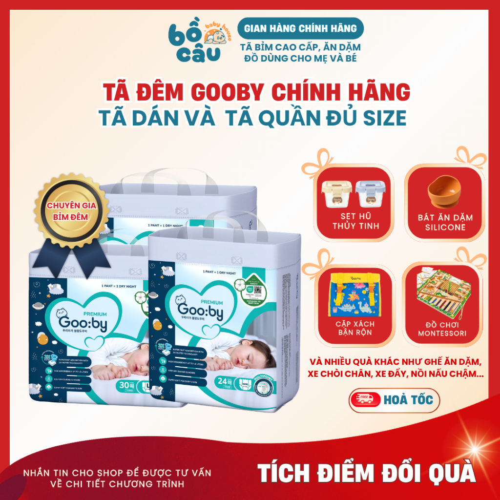 [Chính Hãng] Tã bỉm quần đêm Gooby Premium,chuyên gia bỉm đêm,tã dán tã quần đủ size M/L/XL/XXL/XXXL