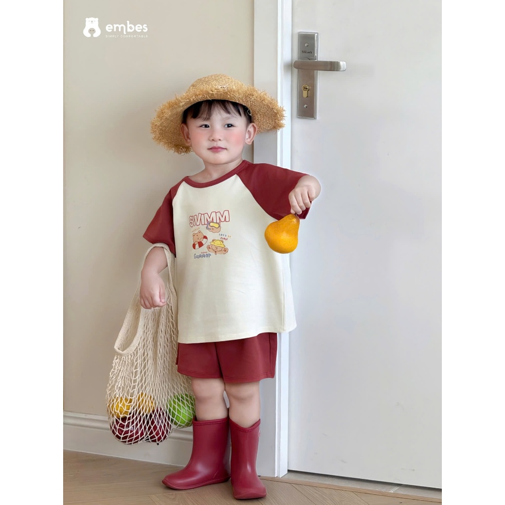 Bộ Cộc Cho Bé Embes, Bộ Cộc Tay In Họa Tiết Swimm Phối Màu Chất Cotton Cho Bé Trai Bé Gái Từ 8-17kg