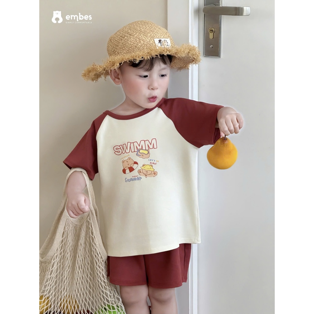 Bộ Cộc Cho Bé Embes, Bộ Cộc Tay In Họa Tiết Swimm Phối Màu Chất Cotton Cho Bé Trai Bé Gái Từ 8-17kg