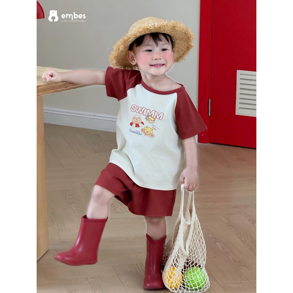 Bộ Cộc Cho Bé Embes, Bộ Cộc Tay In Họa Tiết Swimm Phối Màu Chất Cotton Cho Bé Trai Bé Gái Từ 8-17kg