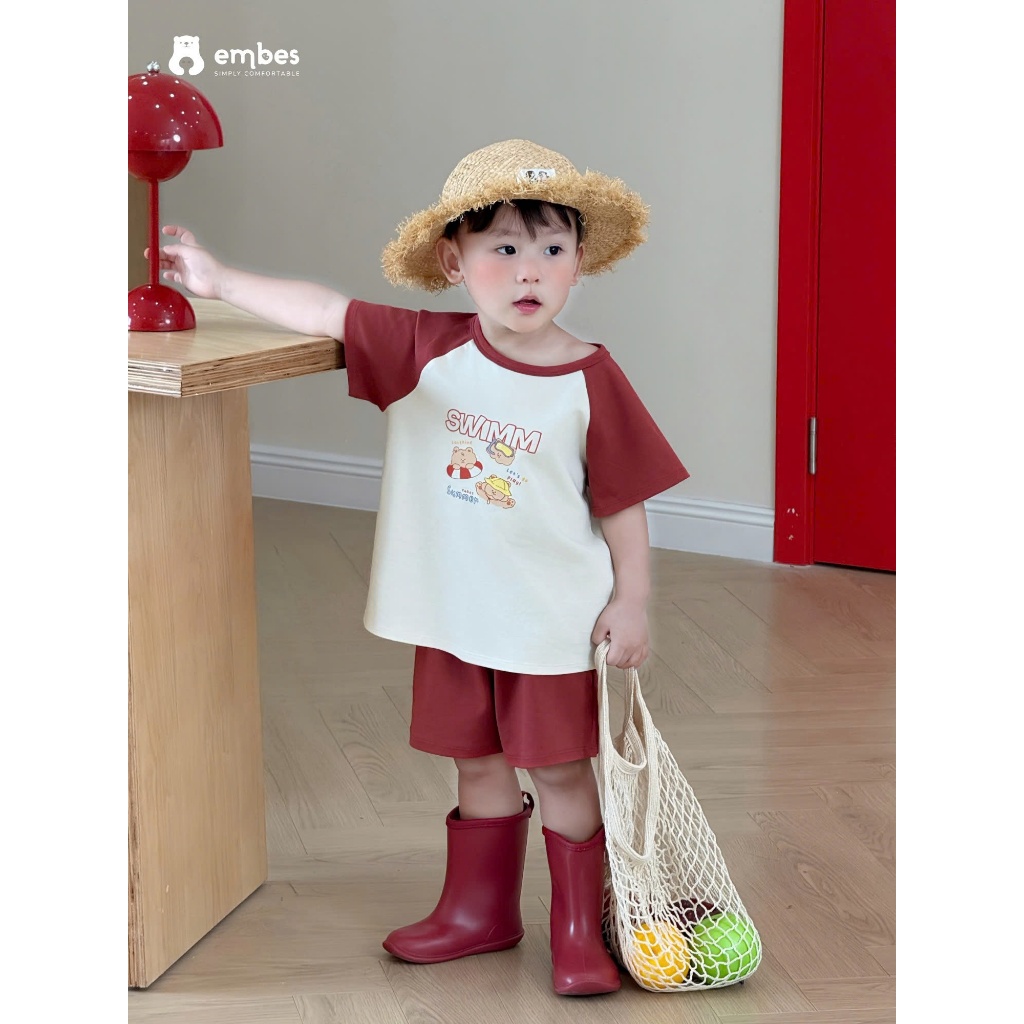 Bộ Cộc Cho Bé Embes, Bộ Cộc Tay In Họa Tiết Swimm Phối Màu Chất Cotton Cho Bé Trai Bé Gái Từ 8-17kg