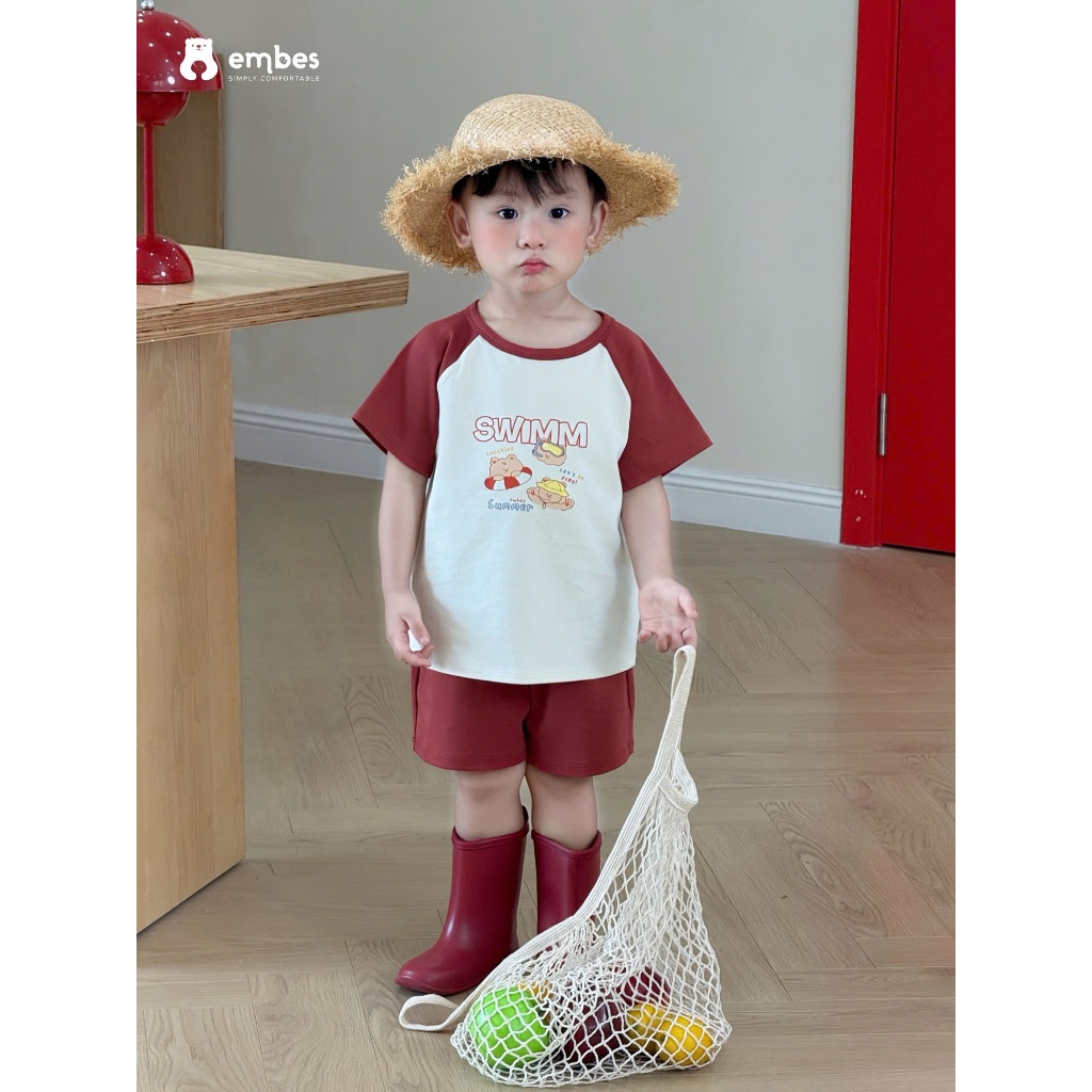 Bộ Cộc Cho Bé Embes, Bộ Cộc Tay In Họa Tiết Swimm Phối Màu Chất Cotton Cho Bé Trai Bé Gái Từ 8-17kg