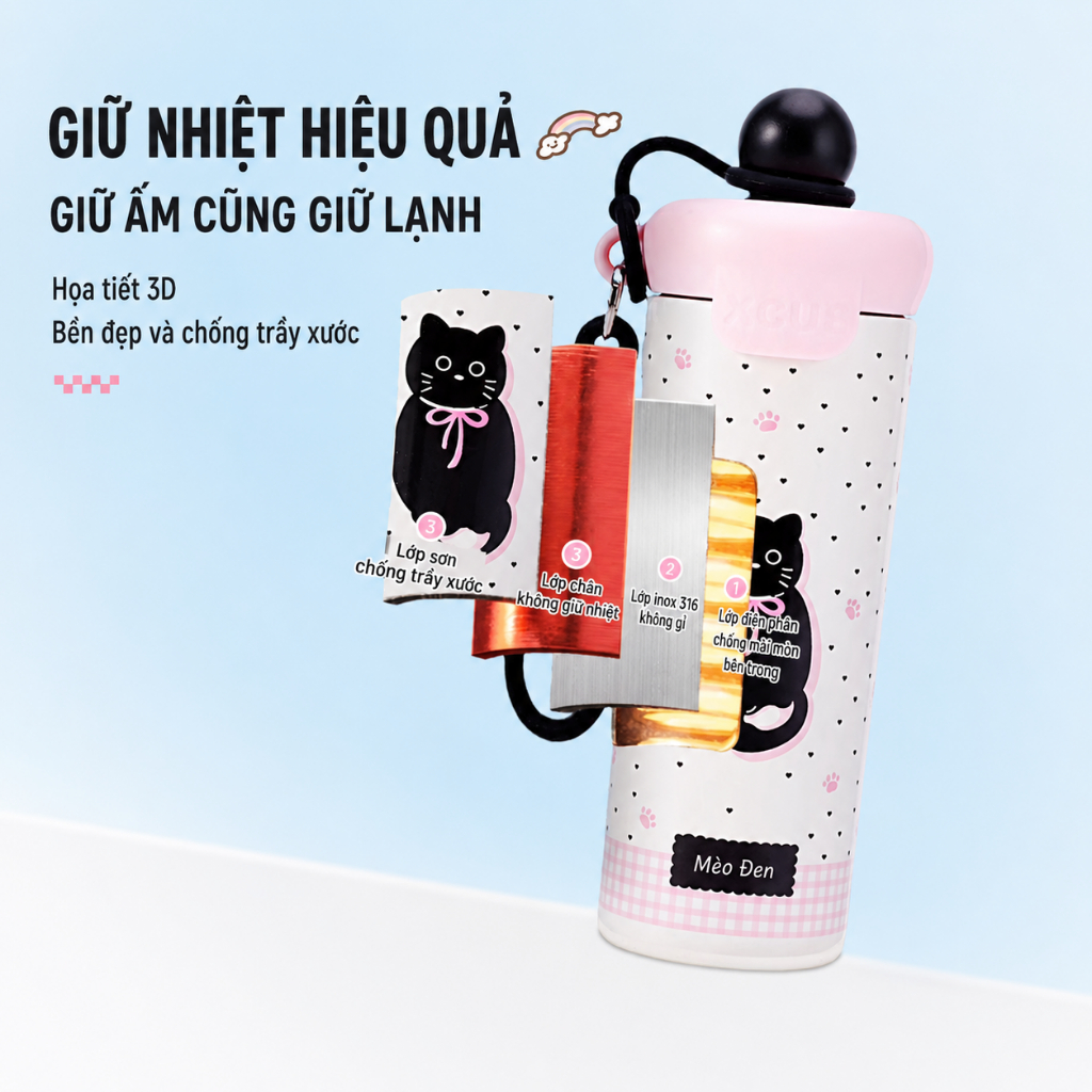 Bình Giữ Nhiệt KOKOPINK 600ml Họa Tiết Thỏ Dễ Thương - Inox 304 Cao Cấp, Giữ Nóng Lạnh, Chống Rò Rỉ, Có Dây Đeo Tiện Lợi