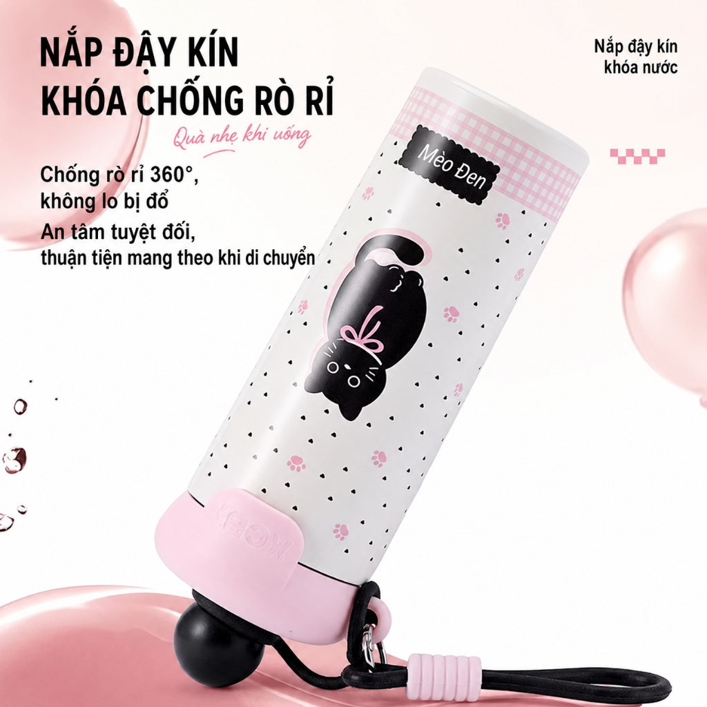 Bình Giữ Nhiệt KOKOPINK 600ml Họa Tiết Thỏ Dễ Thương - Inox 304 Cao Cấp, Giữ Nóng Lạnh, Chống Rò Rỉ, Có Dây Đeo Tiện Lợi