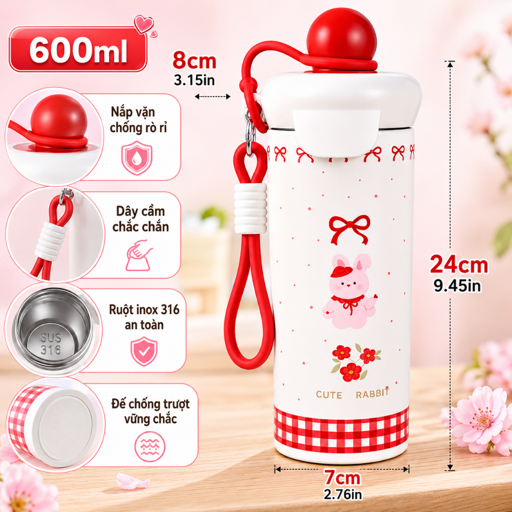 Bình Giữ Nhiệt KOKOPINK 600ml Họa Tiết Thỏ Dễ Thương - Inox 304 Cao Cấp, Giữ Nóng Lạnh, Chống Rò Rỉ, Có Dây Đeo Tiện Lợi