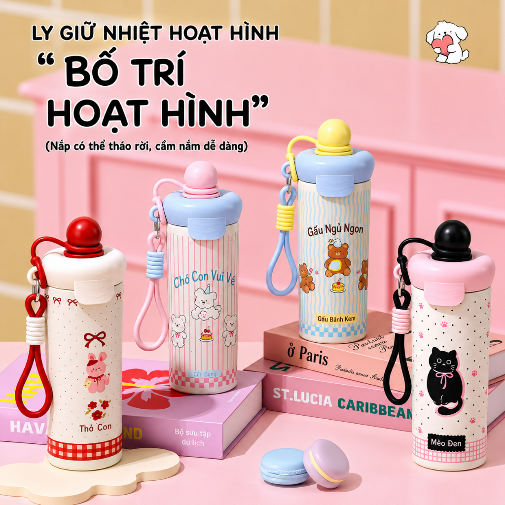 Bình Giữ Nhiệt KOKOPINK 600ml Họa Tiết Thỏ Dễ Thương - Inox 304 Cao Cấp, Giữ Nóng Lạnh, Chống Rò Rỉ, Có Dây Đeo Tiện Lợi