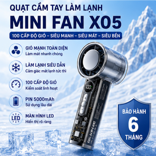 uạt Turbo Cầm Tay Làm Lạnh Bán Dẫn Tốc Độ Cao – Quạt Mini Cao Cấp Thiết Kế Trong Suốt, Màn LED Gió Mạnh, Sạc USB