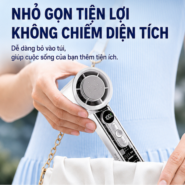 uạt Turbo Cầm Tay Làm Lạnh Bán Dẫn Tốc Độ Cao – Quạt Mini Cao Cấp Thiết Kế Trong Suốt, Màn LED Gió Mạnh, Sạc USB