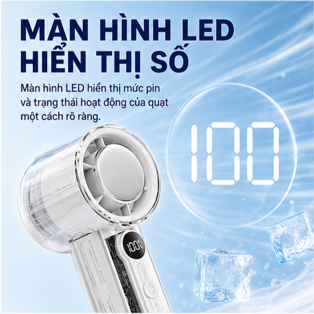 uạt Turbo Cầm Tay Làm Lạnh Bán Dẫn Tốc Độ Cao – Quạt Mini Cao Cấp Thiết Kế Trong Suốt, Màn LED Gió Mạnh, Sạc USB