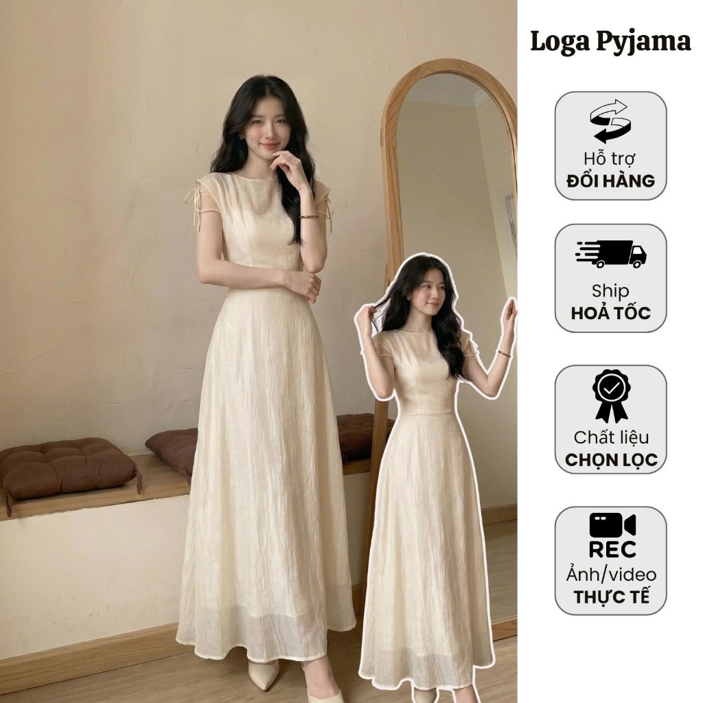 Đầm maxi nữ màu kem thanh lịch , Váy dài tôn eo dáng xòe nhẹ phong cách Hàn Quốc cao cấp Logastore_L11