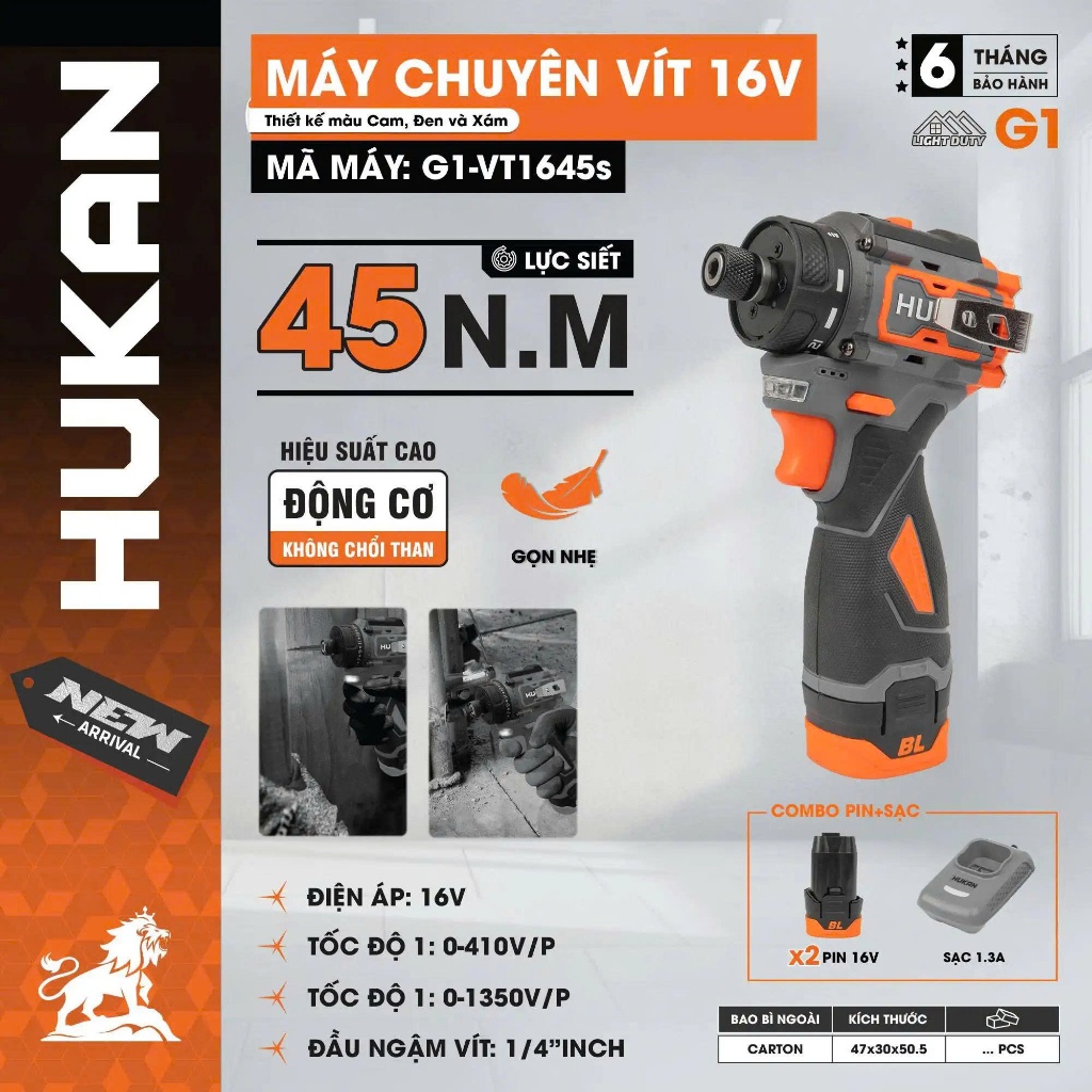 Bộ máy chuyên vít trượt pin HUKAN G1-VT1645s và G1-CVT345, Lực siết 45Nm - 2Pin - Không chổi than
